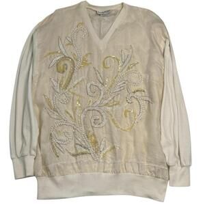 Bonnie Boerer Vintage Silk Beaded Sequin Pullover Sweater Cream Small